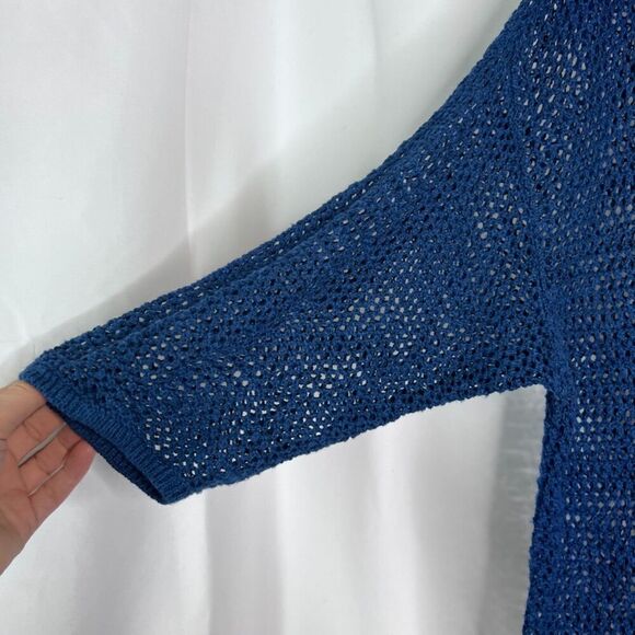 J Jill Blue Linen Blend Open Weave Knit Pullover Drop Sleeve Tunic Top Sz Large - Picture 5 of 11